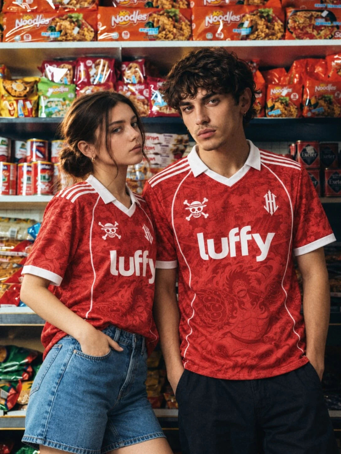 Two models wearing JAALIM red Luffy football jerseys in a grocery store