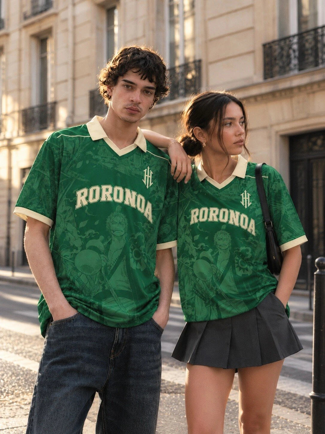 Two models styling JAALIM green Roronoa jerseys on a city street